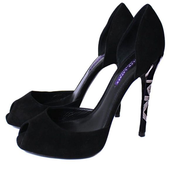 RALPH LAUREN PURPLE LABEL Suede Peep Toe Stilettos w/Silver Metal Chain - Picture 5 of 7